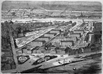 External view of the Hotel Dieu in Nantes, inaugurated in 1863. This hospital will be almost entirely destroyed during a bombing in 1943. Loire Atlantique (44). Engraving in "Le Monde Illustre" n°347 of 5 December 1863