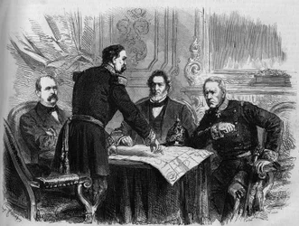 War of 1870 - Siege of Paris: signing of the armistice between the French and Prussian representatives after the surrender of Paris, 28 January 1871. From left to right: Otto von Bismarck (1815-1898), Horix de Valdan (1810-1883), Jules Favre (1809-1880)