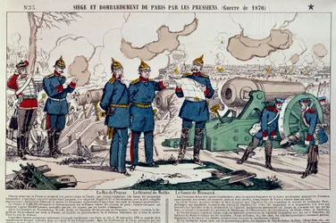 War of 1870: siege and bombardment of the city of Paris by the Prussians. Prussian King William I, General Moltke and Chancellor Otto von Bismarck took counsel
