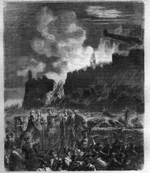 War of the Spanish Succession (1701-1714) between France and its ally Spain and a coalition of European countries. Engraving in 