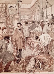 Wild game auction at Les Halles, illustration, Paris