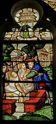 Window depicting Suzanne being molested while bathing