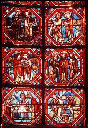 Window depicting the Parents of Christ and bakers baking and selling bread, from the apse