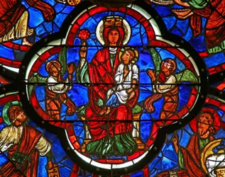 Window depicting the Virgin holding Christ on her knee and a rose in her right hand (detail)