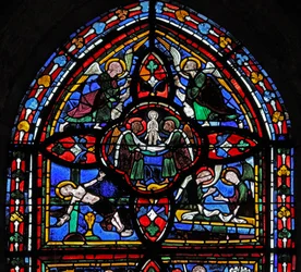 Window depicting the fifth section of window w7: the death of St Peter: his soul ascends to heaven