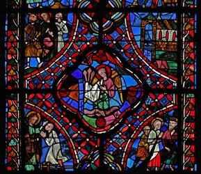 Window depicting the second section of the St James window: in the centre are the nails of the Passion; Philetus is converted; Hermogenes with St James; a church; St James with 2 men
