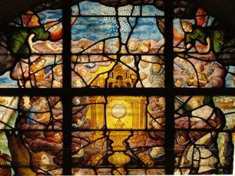 Window in the Charnier depicting the Adoration of the Host: Manna from Heaven: cherubs
