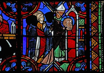 Window depicting St Julian of Brioude story - the death of St Ferreol, a friend of Julien, who died during the Diocletian persecutions; his relics are transferred