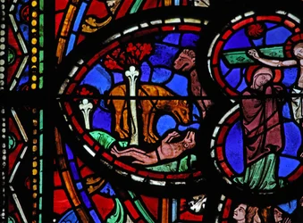 Window depicting a lion revives its young