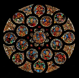 Window w108 depicting the New Covenant: at the top is Christ (Alpha and Omega), then the four symbols of the Evangelists forming a square, two Virtues are at the left and right extremities, and the Ark