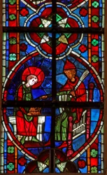 Window depicting St Nicholas goes to school