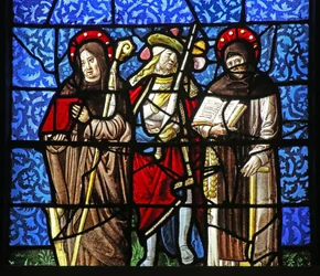 Window depicting St Dominic and St Francis with a chevalier holding a sword