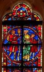 Window depicting a scene from the legend of St James and the lost dependant with pilgrims to Compostello: the reunited family departs