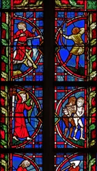 Window w30 depicting the death of Cain; Adam and Eve expelled from Eden