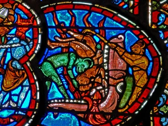 Window depicting the Last Judgement: the Mouth of Hell receiving the damned