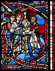 Window depicting an angel leads Lot out of the city