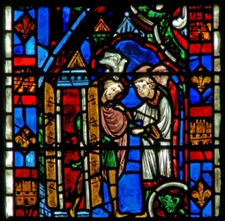 Window depicting St Sever: as he is elected bishop a dove settles on his head