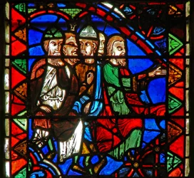 Window depicting a scene from the life of St Catherine: the philosophers gather to condemn her