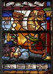 Window depicting the Duke of Marseilles returns from Jerusalem and finds his wife on the rock with a son