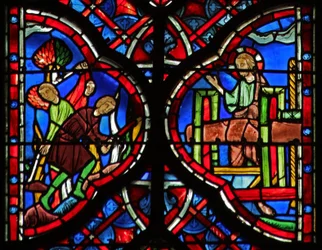 The Trees of the Forest Are Cut Down with an Axe (L) Is 10:33-34. Christ with the Winepress (R) Is 63:1-6