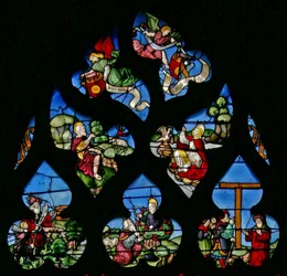 Window depicting St John the Baptist, St John the Evangelist, Abraham and Isaac, Moses and the Burning Bush and the Elevation of the Cross