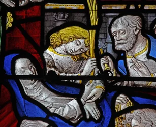 Window depicting a detail from the Death of the Virgin Mary (detail)