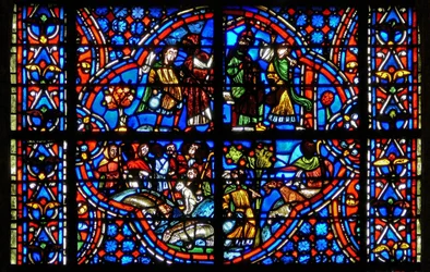 Window depicting scenes from the story of Joseph: Jacob sends Joseph to be with his brothers. They then plot against him as they all work in the fields.