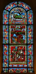 Window wXVIII depicting 3 panels attributed to the Ascension Master: a sleeping king; Pilate washing his hands; St Peter is led out of prison by an angel
