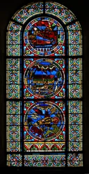 Window wXVII depicting three assembled panels: two in connection with Stephen, the other from a Nativity