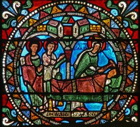 Window wXXI depicting the Virgin Mary at the death of the murderer of St Gervais and St Protais