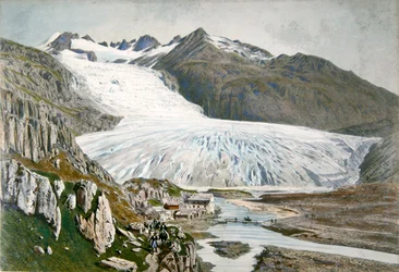 Winter landscape and travellers in the Pyrenees