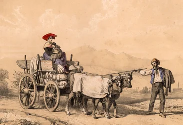 Woman and child in traditional dress riding on a cart full of sacks, c.1840