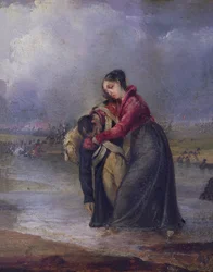Woman carrying a wounded soldier during the Napoleonic wars