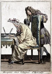 Woman in a shirt and nightcap writing a letter with man, circa 1715