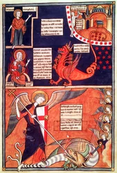Woman of the Apocalypse Being Attacked by the Seven-Headed Dragon and St. Michael Killing the Dragon, from Liber Floridus by Lambert de Saint-Omer