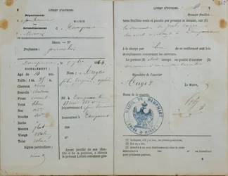 Workers Handbook issued by Mairie of Dampmart to Felix Auger, 1864
