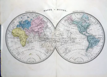 World map, illustration from Atlas Geographique Moderne by Prosper-Auguste Poulain de Bossay, c.1850