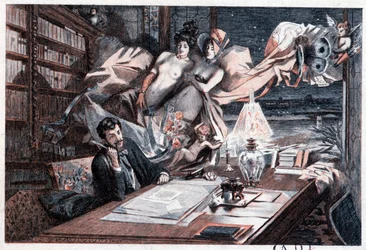 Writer at his work table inspired by naked women and angelots - in "Menus-propos d