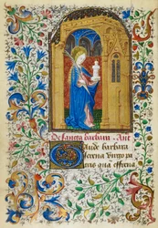 Miniature of St. Barbara beneath a golden arch, carrying a palm and her tower, with a full foliate border, at the beginning of her suffrage, from 