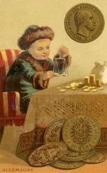 Young German banker weighing Deutschmarks, from a series of promotional cards on currencies in different countries, published in Paris by Baster & Vieillemard for use by the chocolate producer, Chocolat Ibled