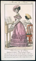 Young Woman in a Pink Organdie Dress Trimmed with Black and a Crepe Beret with Satin Ribbons, advertisement from Modes de Paris, c. 1825