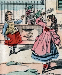 Young girls playing battledore and shuttlecock, early game similar to badminton - Épinal picture - 19th century