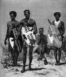 Zulu warriors. Engraving in The Illustrous World n°1146 of 15 March 1879
