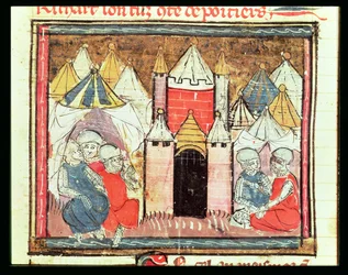 The Siege of Chateau-Gaillard in 1204 when Philip Augustus of France defeated King John of England, from the Grandes Chroniques de France, 1375-79