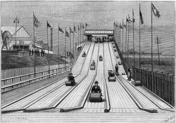 Roller coaster or tobocanning, operating at the Liverpool Exhibition, after a photograph. Engraving in 