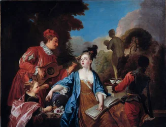 Taste it in a park. Young people of the nobility are served tea in the garden by a young Black servant. French School. 18th century. Sun. 1,71 x 1,32 m, Rouen, Musée des Beaux-Arts