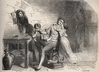 The Lyon mail post affair - Case of the Lyon mail: The farewell of Joseph Lesurques to his family: supposedly involved in the case of the Lyon mail in 1796, he was wrongly accused of having attacked the Lyon post coach and was guillotined - Engraving in