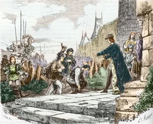 The dolphin Louis (then Louis XI), the Duke John II of Alençon and the Duke Charles I of Bourbon ask forgiveness to King Charles VII