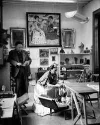 Mexican Painters Frida Kahlo and Diego Rivera in their Workshop in 1948