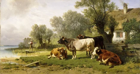 Cattle in a Farmyard along a River with a Fisherman Beyond